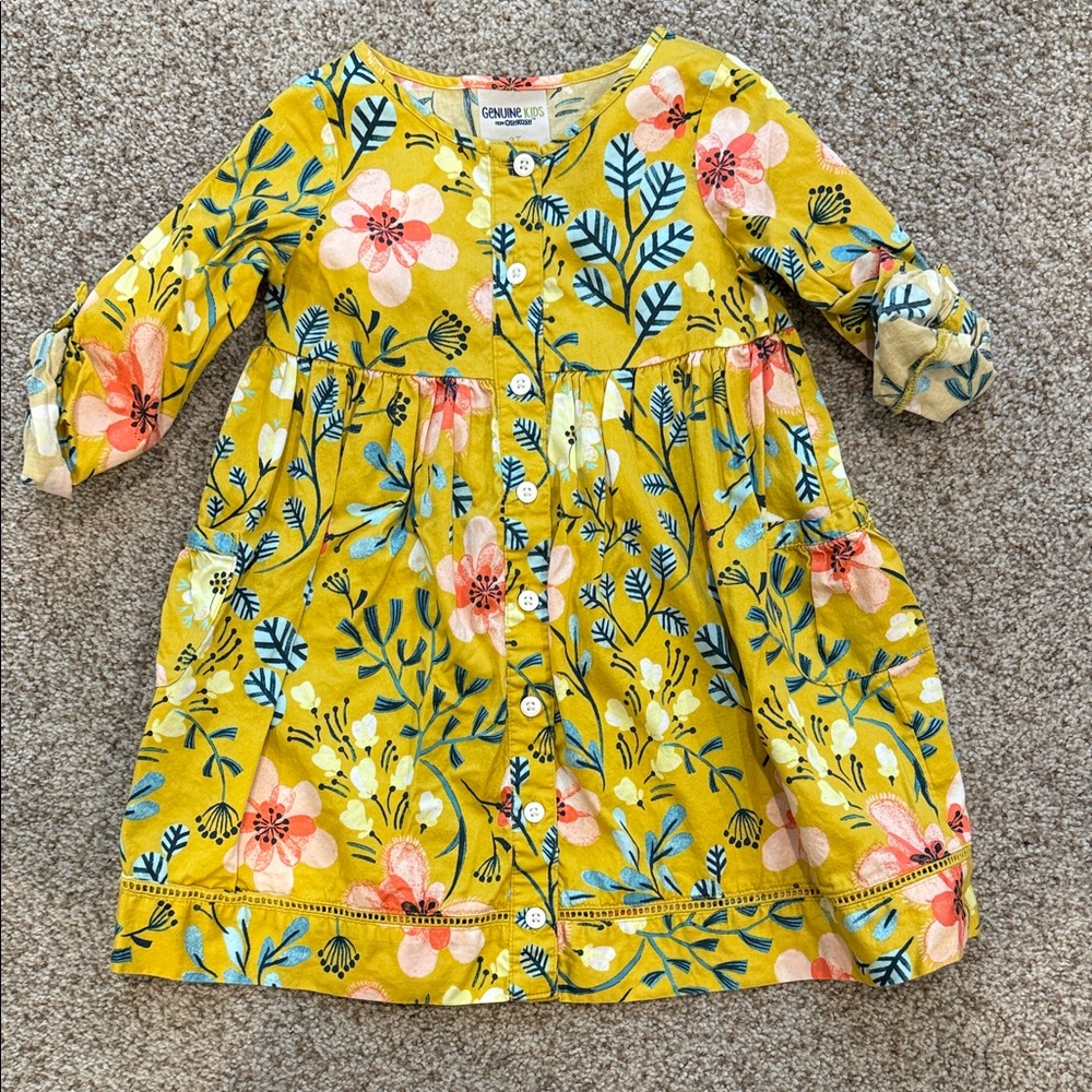 OshKosh B'gosh Yellow Floral Button-Front Dress with Pink and Blue Accents